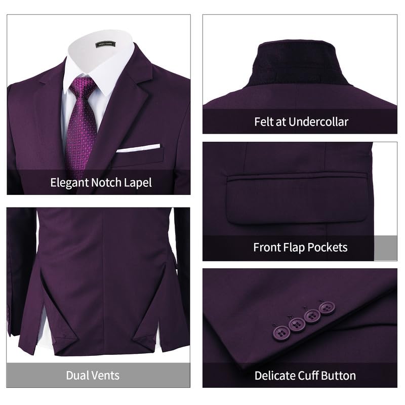 WEEN CHARM Suits for Men,3 Piece Slim Fit Suit Set with 2-Button Blazer,Vest,Pants,Tuxedo for Wedding,Prom,Party,Business Purple - Image 1